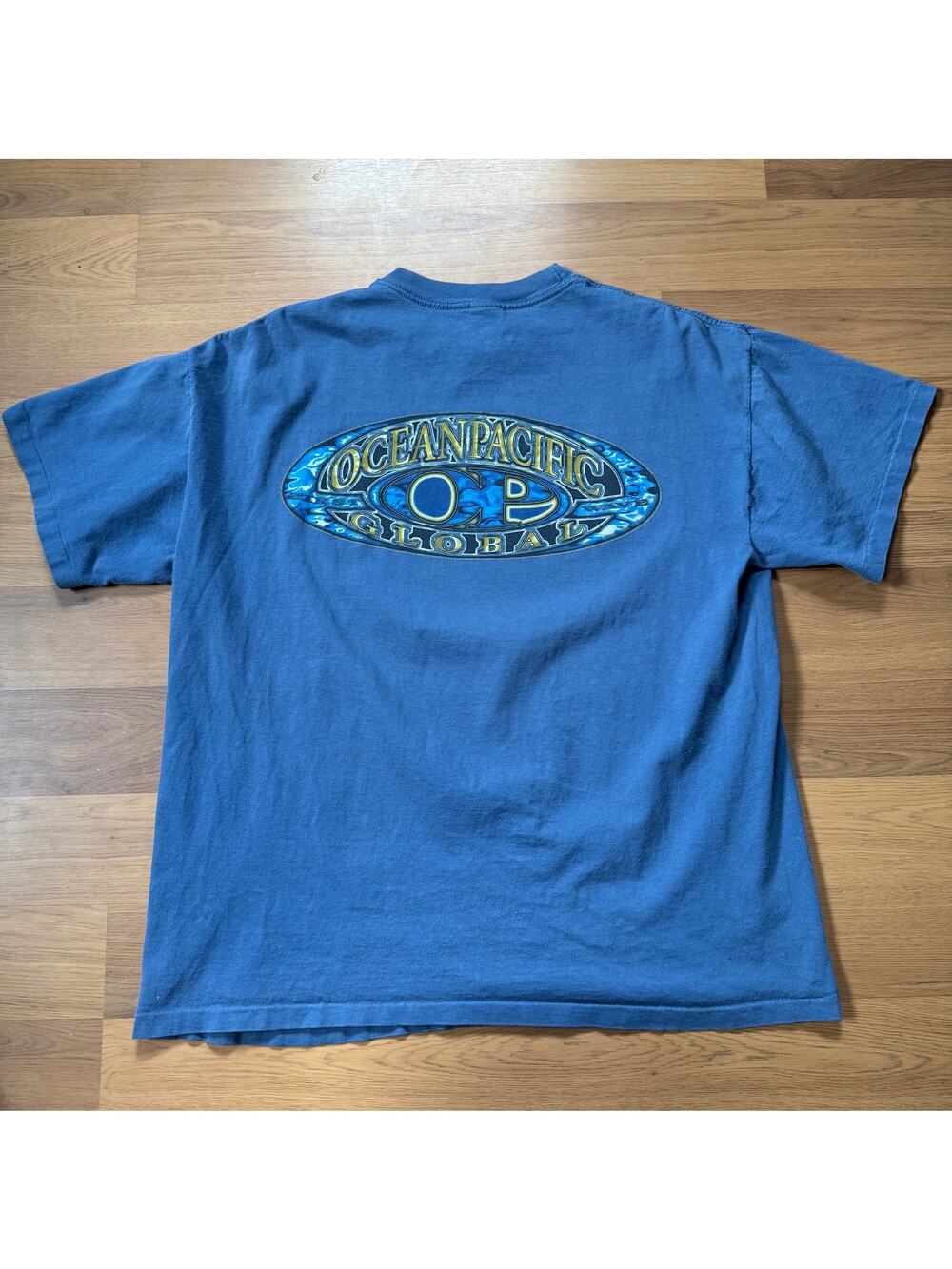 Men's Vintage 90's OP Ocean Pacific Global Blue Surf Surfing Tee Shirt Sz Large